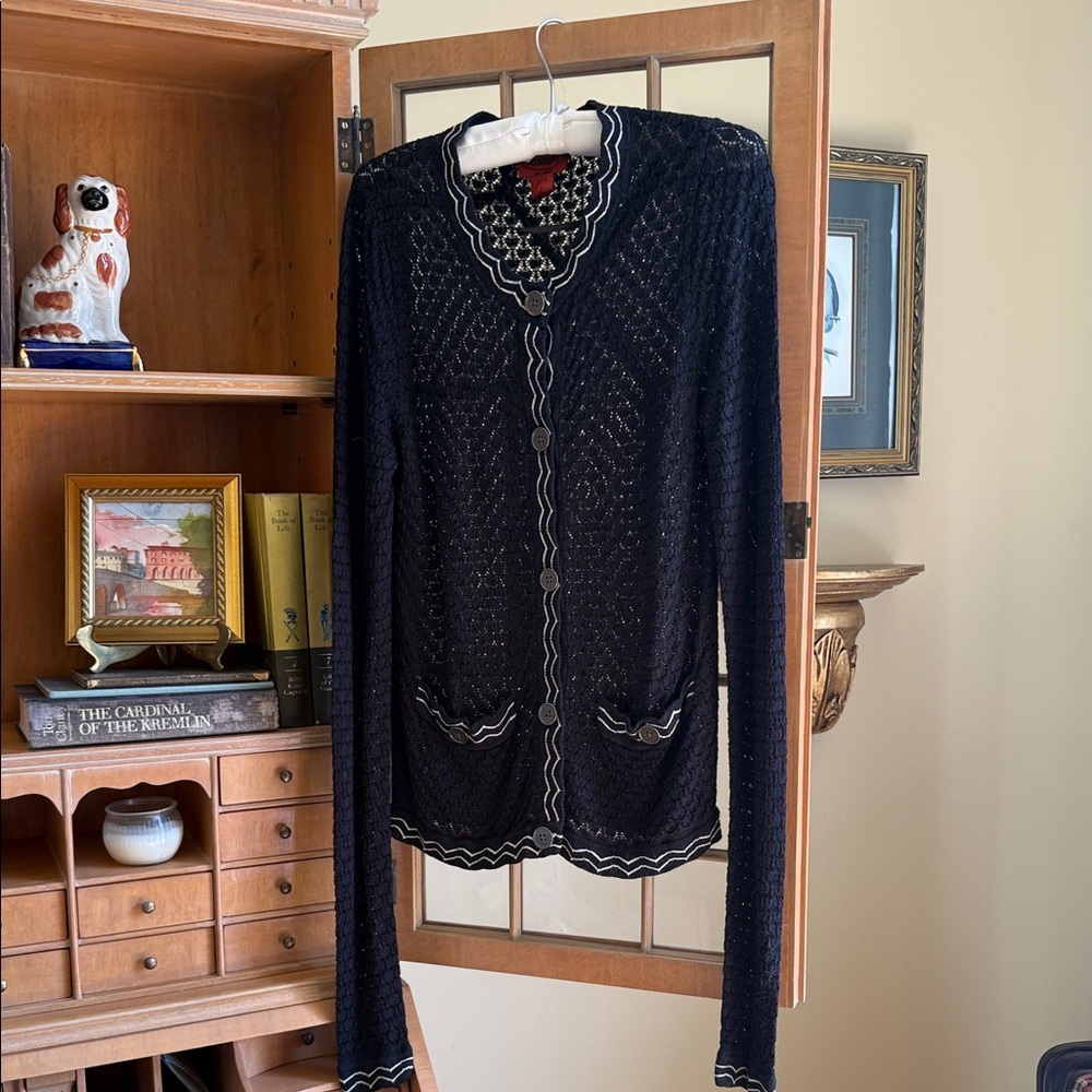 Missoni Black Openwork Knit Button-Front Cardigan with White Trim